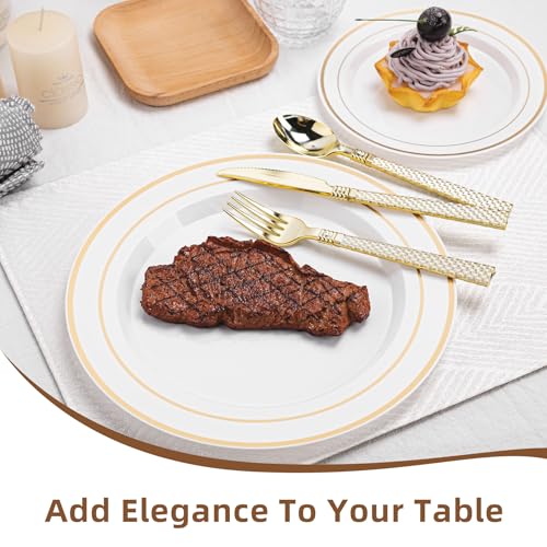 White Disposable Plates with Gold Rim - 200 Pack, Elegant Party Tableware