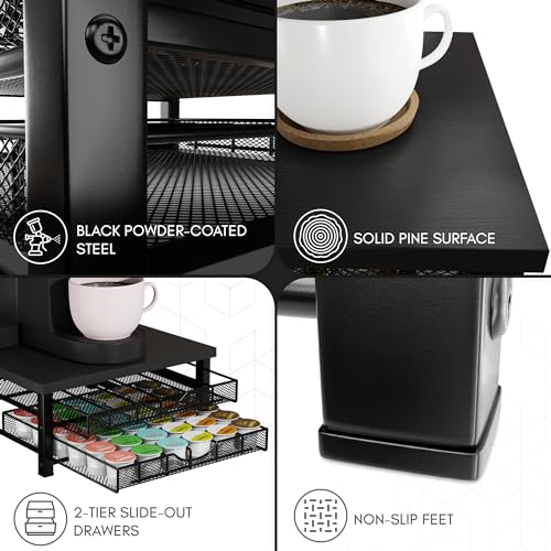 Black Coffee Pod Holder Organizer for Keurig - Coffee Station Storage, 72 Pods, Sliding Drawer