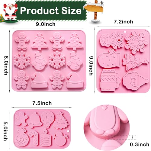 JHYlilia 3Pcs Xmas Pink Silicone Cookie Molds – 26 Cavities Holiday Candy & Chocolate Molds