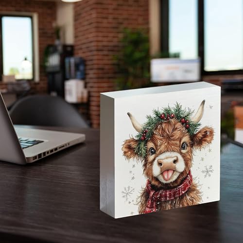 Cow Variation Christmas Western Wooden Sign - 5x5 Inch Box Decor, Highland Baby Snowy Home & Kitchen