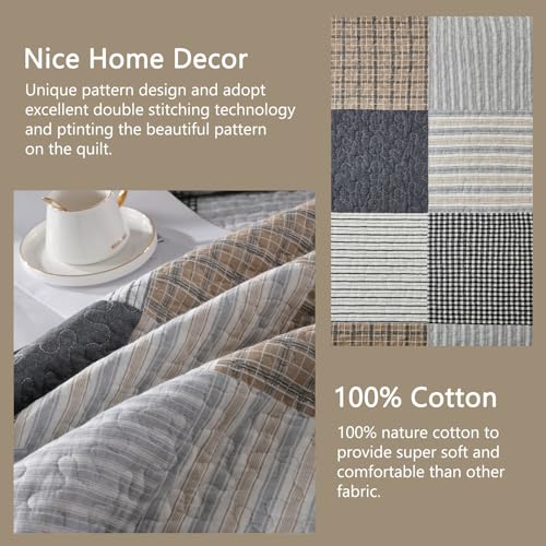 Finlonte Queen Size Cotton Quilt Set 90x98 Reversible Farmhouse Bedding Gray