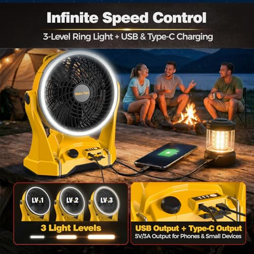 MakeTips Portable DeWalt 20V Max Battery Fan with LED Ring Light - Black & Yellow