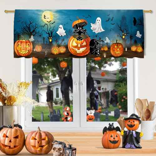Halloween Valance Curtain for Kitchen, Halloween Decorations Black Cat Ghost Window Valance for Living Room Bedroom, Blue Valance 18" X 54" Pumpkin Decor Window Treatment Rod Pocket Valances