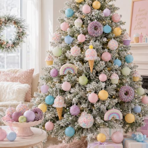 46pcs Pastel Christmas Tree Ornaments Set - Whimsical Candy-Themed Holiday Decor