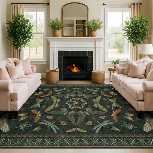 6' x 8' Dark Green Washable Area Rug with Non-Slip Backing - Vintage Floral Floor Carpet