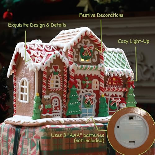 14-Inch Battery-Operated Gingerbread House Decoration with Lights – Handmade Christmas Village