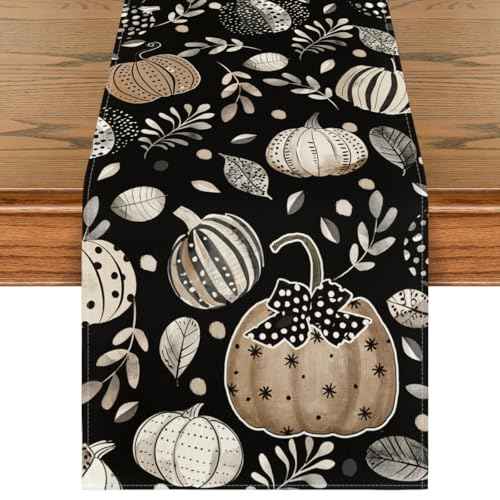 Artoid Mode Harvest Pumpkin Darkness Floral 210 GSM Fall Table Runner, Seasonal Autumn Kitchen Dining Table Decoration for Home Party Decor 13x120 Inch