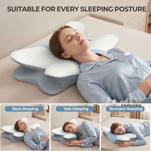 ROPÜ White & Blue Cervical Neck Pillow - Contour Memory Foam for Pain Relief & Support