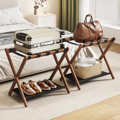 Walnut Luggage Rack Set of 2 - Foldable Suitcase Stand with Storage Shelf