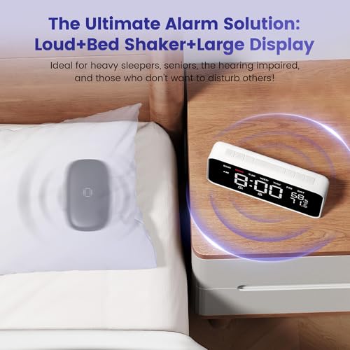 Dekala Bed Shaker Alarm Clock for Heavy Sleepers - White, Dual Alarm, Large Display, Auto Dimmer, Temp & Humidity, 7-Day Programmable, Gift Idea