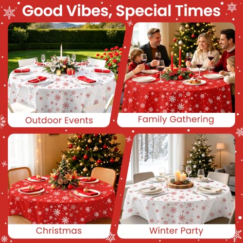 LANLISA 12 Pcs Red White Snowflake 84” Round Disposable Plastic Tablecloths Set