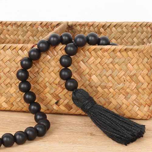 Wood Beads Garland with Tassels Farmhouse Rustic Prayer Boho Beads for Boho Home Decor, Wall Hanging Decoration (Black)