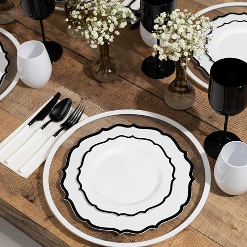 PLASTICPRO 128 Pack Disposable Plastic Plates Set - Elegant White & Black Contemporary Design, Includes 64 Dinner & 64 Salad Plates