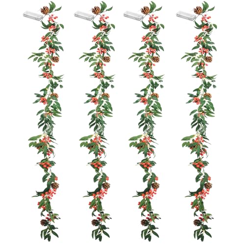 Willow Leaf 6ft Pre-lit Christmas Garland with Lights, 4 Pack with Red Berries & Pine Cones (Indoor/Outdoor) - tiuire