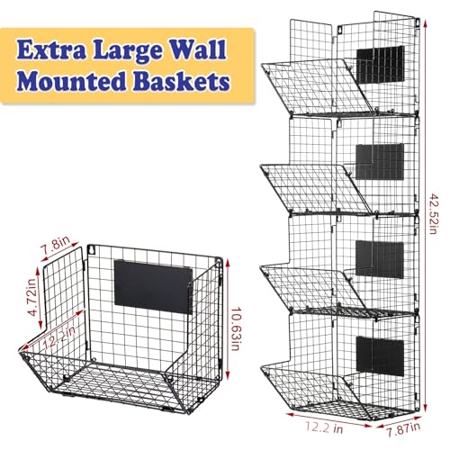 4 Pack Wall Mount Wire Basket Organizer - Extra Large Black Storage Bins with Chalkboards