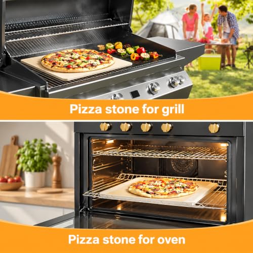 15x12 Inch Pizza Stone Set with Wooden Peel and Accessories for Oven & Grill - Gyreuni