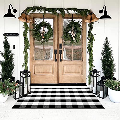 Buffalo Plaid Outdoor Rug 3x5 ft Black White Layering Doormat, Washable Porch Entryway Mat - Variation: Black & White Plaid / 3' x 5'