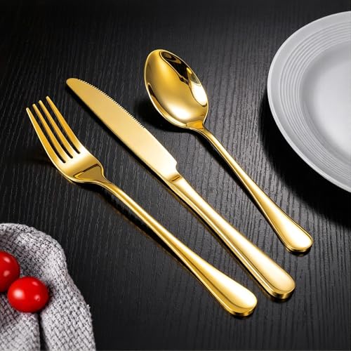 60-Piece Gold Stainless Steel Flatware Set - Service for 20, Mirror Polished, Dishwasher Safe