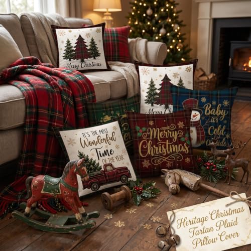 FuWeave 6 Pcs Christmas Pillow Covers 18x18 in Rustic Tartan Plaid Set with 6 Vintage Designs - includes Tree, Snowman, Truck