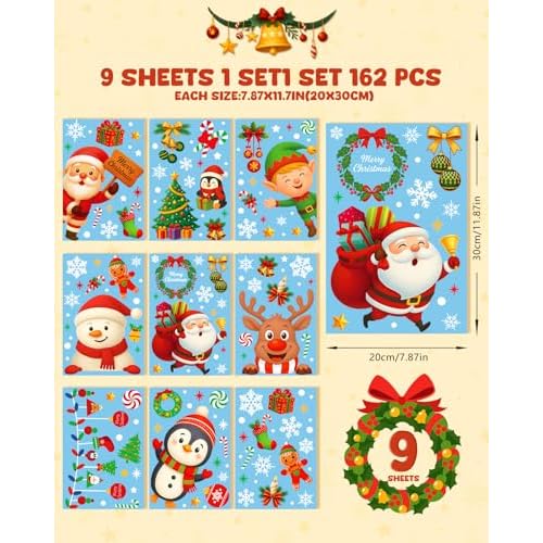Christmas Window Clings - 9 Sheets 162 Pcs Cute Xmas Decorations for Winter Holiday Home Party Santa Reindeer Snowman Gingerbread Snowflake Stickers for Glass Double-Sided Static Window Decals
