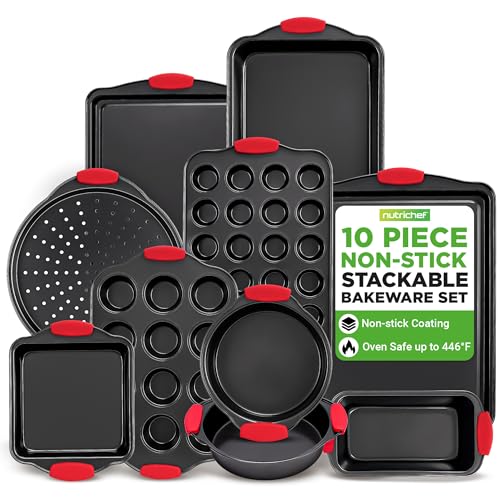 10-Piece Nonstick Bakeware Set - Carbon Steel Oven & Muffin Pans with Silicone Handles
