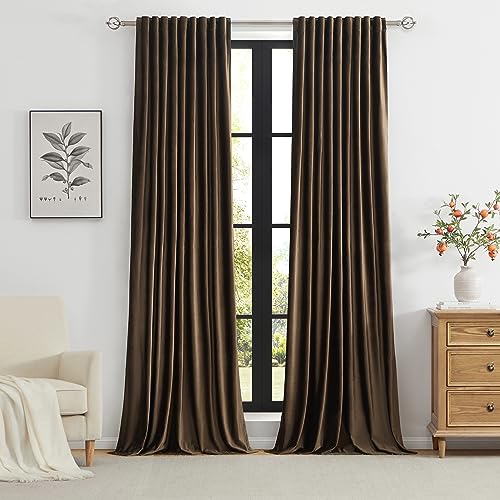 Primrose Brown Velvet Curtains Set of 2 52x120 Inch Room Darkening Window Panels - Blackout, Rod Pocket & Back Tab, Heavy Decor for Bedroom & Living Room