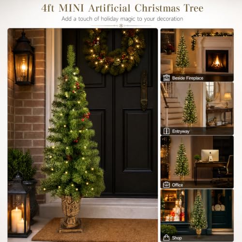 4FT Pre-Lit Artificial Potted Christmas Tree with 50 Warm White LED Lights
