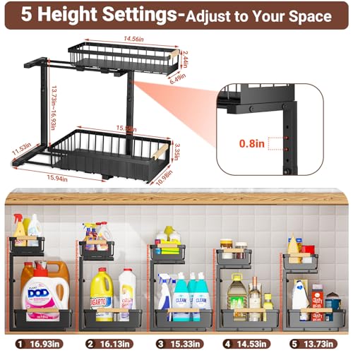 Under Sink Organizer 2 Pack Black - L-Shaped Pull Out Cabinets, Adjustable Metal Storage Rack