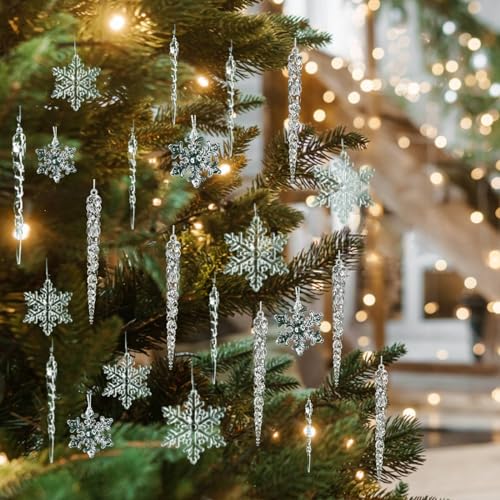 36PCS Crystal Snowflake & Icicle Christmas Ornaments Set - Holiday Decor