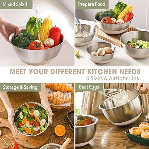 Umite Chef 6-Piece Stainless Steel Mixing Bowls with Airtight Lids, Khaki, 1.5-7 Qt