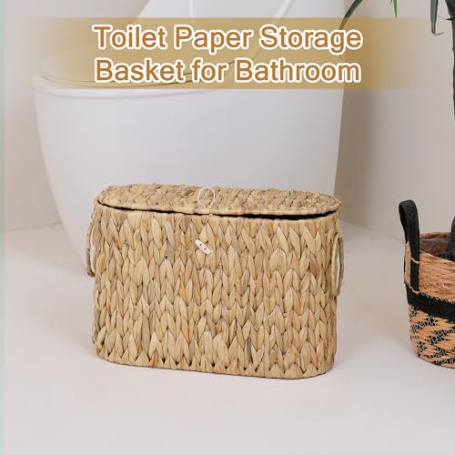 Water Hyacinth Toilet Paper Storage Basket with Lid - Slim Organizer Holds 9 Mega Rolls - Natural