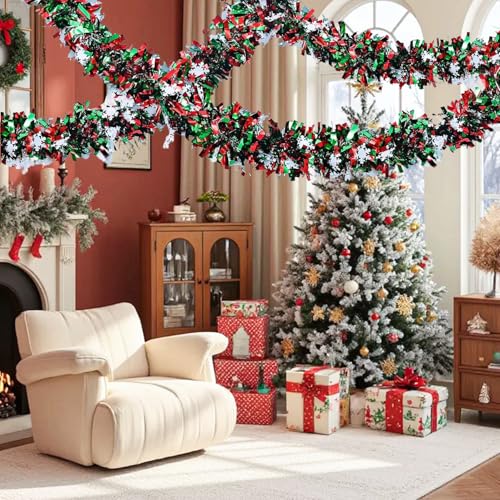 CUADRNX 50ft Green Red Christmas Tinsel Garland Holiday Decor Indoor Outdoor