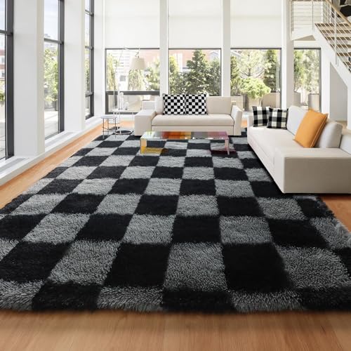 KICMOR 8x10 Black & Grey Checkered Shag Rug for Living Room & Bedroom