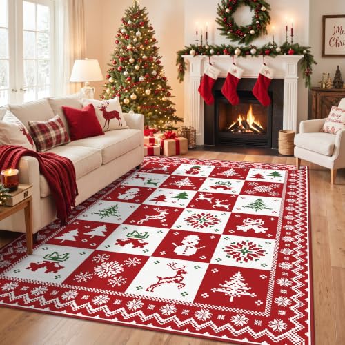 GENIMO 5x7 Checkered Christmas Rug - Holiday Area Carpet for Living Room & Bedroom