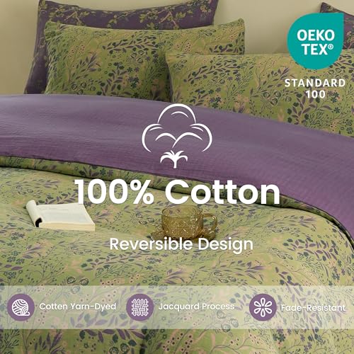 BISELINA Queen Cotton Muslin Duvet Cover Set Reversible Floral Yarn-Dyed Green Purple