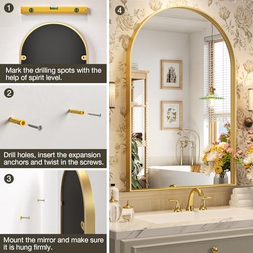 Brightify Gold Arched Wall Mirror 32x24 Inch Bathroom Vanity & Living Room Decor