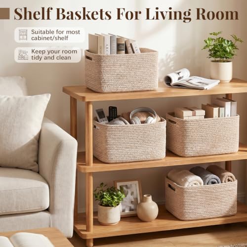 OIASKET 4-Pack Natural Cotton Rope Storage Baskets for Toys Clothes & More, Brown, 13''Lx9''Wx7.8''H