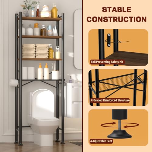 GloTika Brown 4-Tier Over Toilet Storage Rack - Anti-Tilt Bathroom Organizer