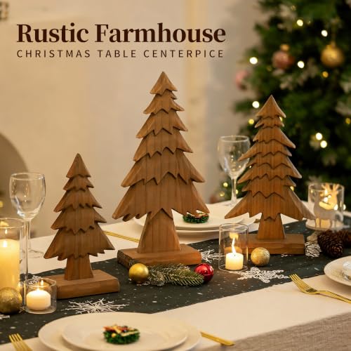 Hanobe Brown 3pc Rustic Wood Christmas Trees Set for Tabletop - Small 10.24", Medium 12.6", Large 15"