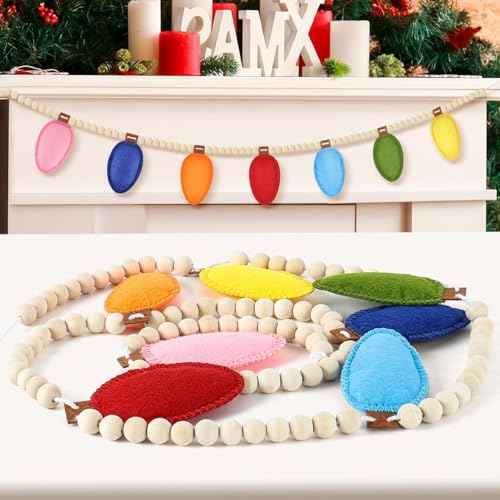 Christmas Felt 3D Light Bulbs Garland, Christmas Decorations for Home, Felt Light Bulbs Garland and Wood Bead for Christmas Decor, Christmas Banner for Mantle Christmas Party Supplies Home Wall Decor