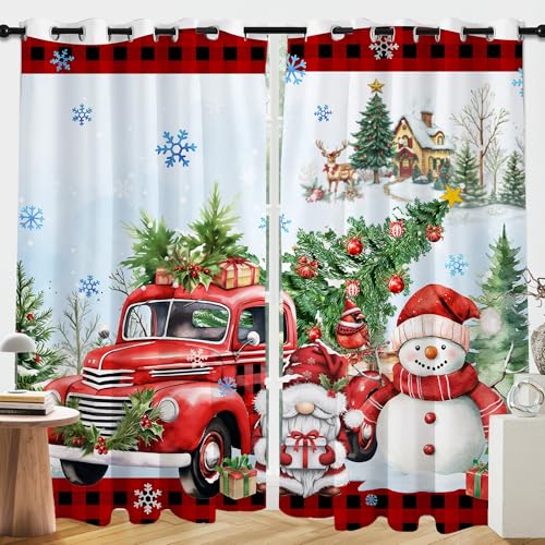 Unibyby Christmas Snowman & Red Truck Blackout Curtains 52"x84" Set 2 Panels, Holiday Window Treatment