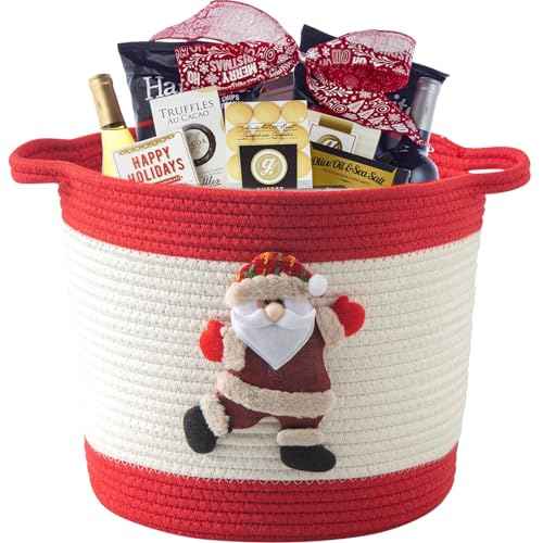 Christmas Basket with Santa Claus Doll, Woven Cotton Rope Christmas Storage Basket with Handles, Christmas Toy Baskets for Baby Towels, Diapers, Pet Toy Storage Basket, Red