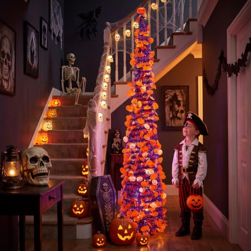 WOKEISE 5FT Purple-6 Halloween Pumpkin Tree with Remote Timer & LED Lights