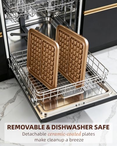 Large Belgian Waffle Maker with Copper-Coated Non-Stick Plates & Stepless Temp Control