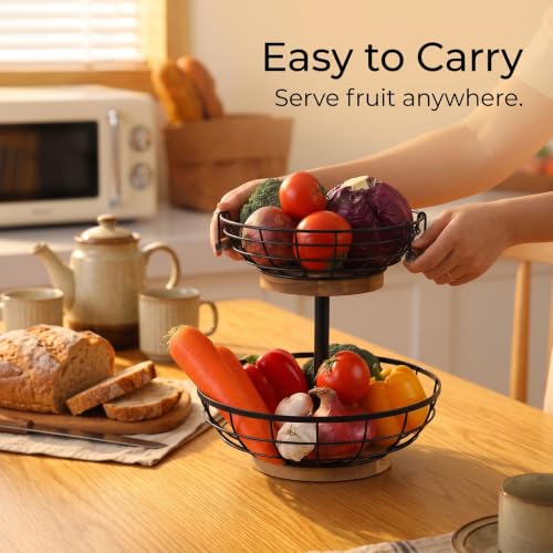 2-Tier Metal Fruit Basket with Wooden Base and Banana Hanger - Kitchen Counter Organizer