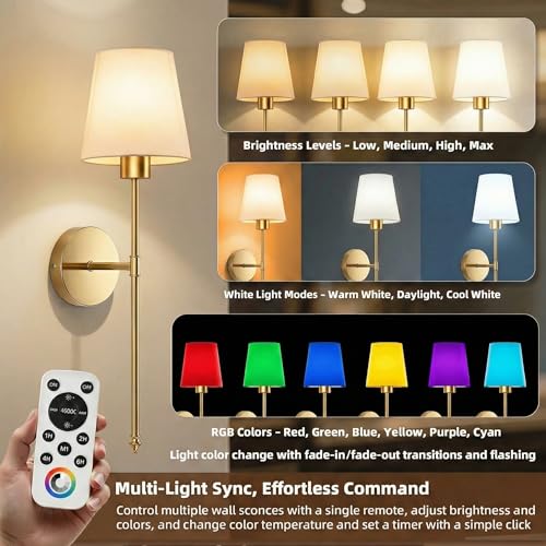 Wireless Rechargeable Wall Sconces Set of 2 - Gold Fabric Shade Dimmable Lights with Remote for Bedroom & Living Room