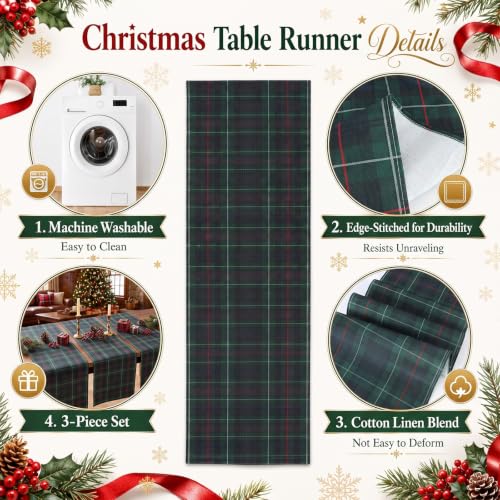 Moukeren Christmas Tartan Plaid Table Runner 70x15 Inches, Green - Set of 3