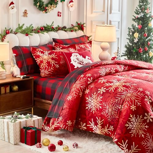 UOZZI Bedding Christmas Snowflake Queen Comforter Sheet Set 7 Pieces Reversible Holiday Bed in a Bag - Red & Gold