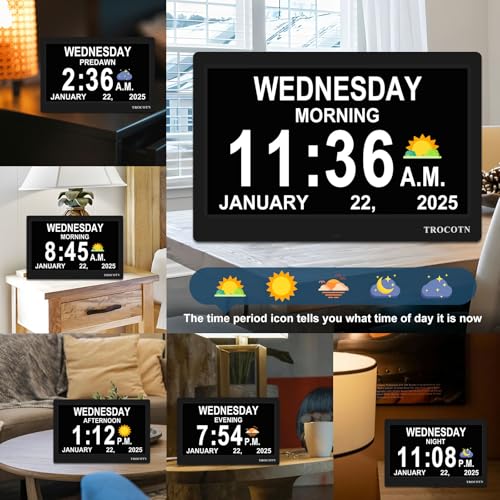 10 Inch Digital Calendar Alarm Clock for Seniors - Large Display, Auto DST, 5 Modes, Day Date Time