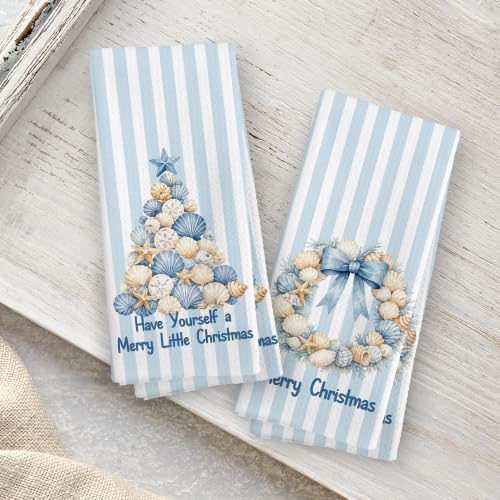 Blue Coastal Shell Christmas Kitchen Towels 16x24 Set of 2 - Color 01